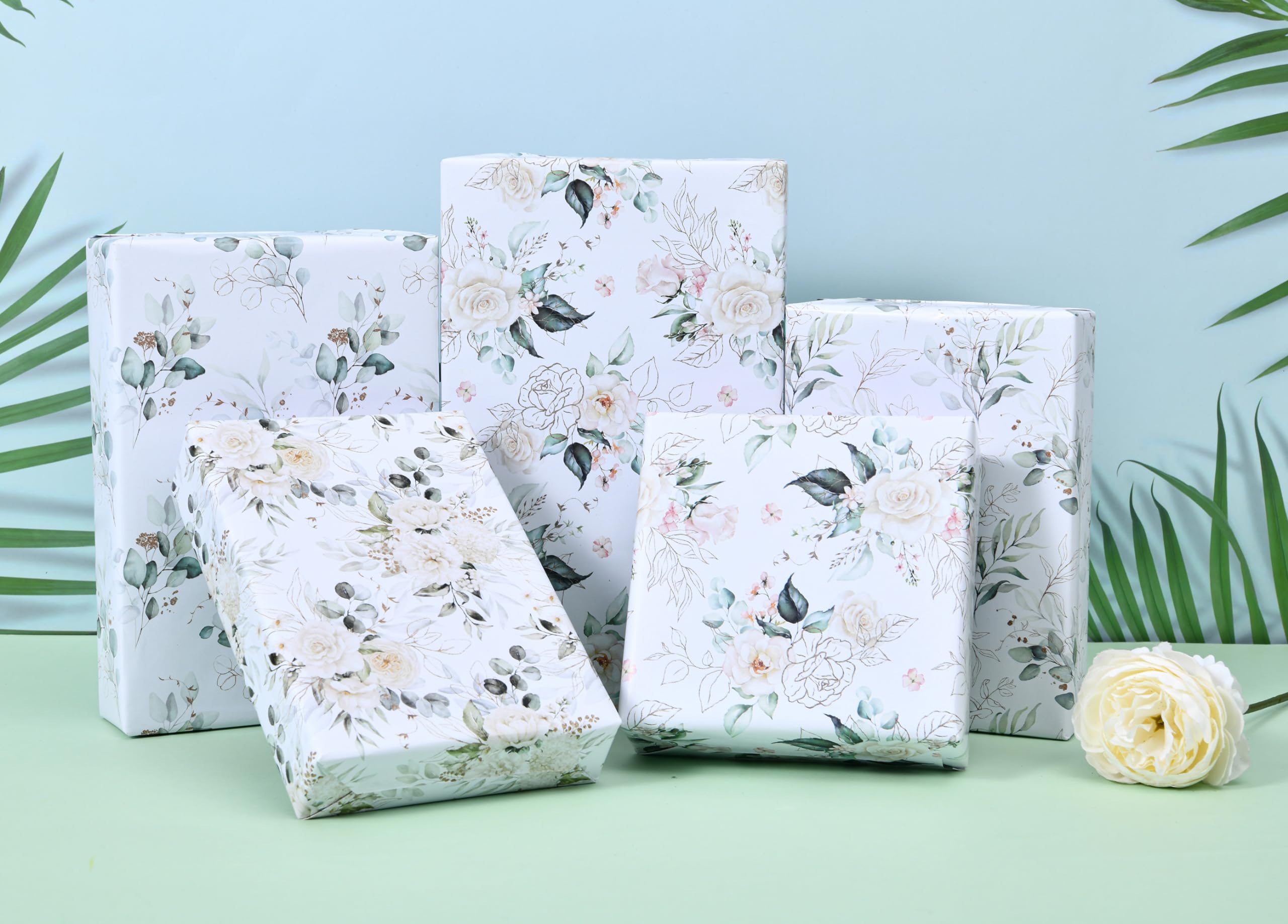 Titiweet Wedding Wrapping Paper - Green Leaves & White Rose Design, 12 Sheets Bridal Shower Wrapping Paper for Women, 20 x 28 Inches Per Sheet