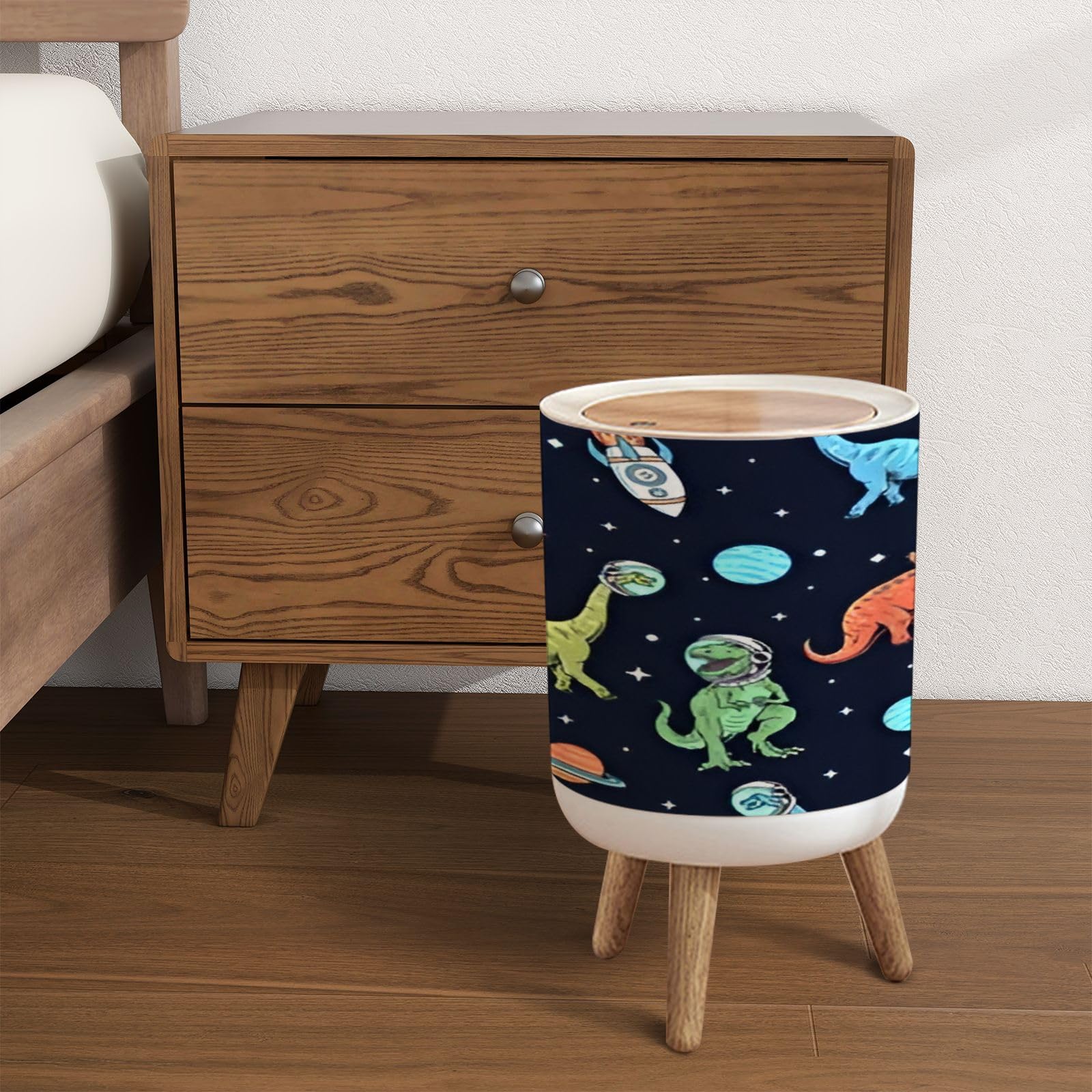 Trash Can with Lid Dinosaurs space seamless pattern Hand drawn dinosaur cartoons space Garbage Can Round Waste Bin Press Cover Dog Proof Wastebasket for Kitchen Bathroom Living Room Nursery 1.8gal