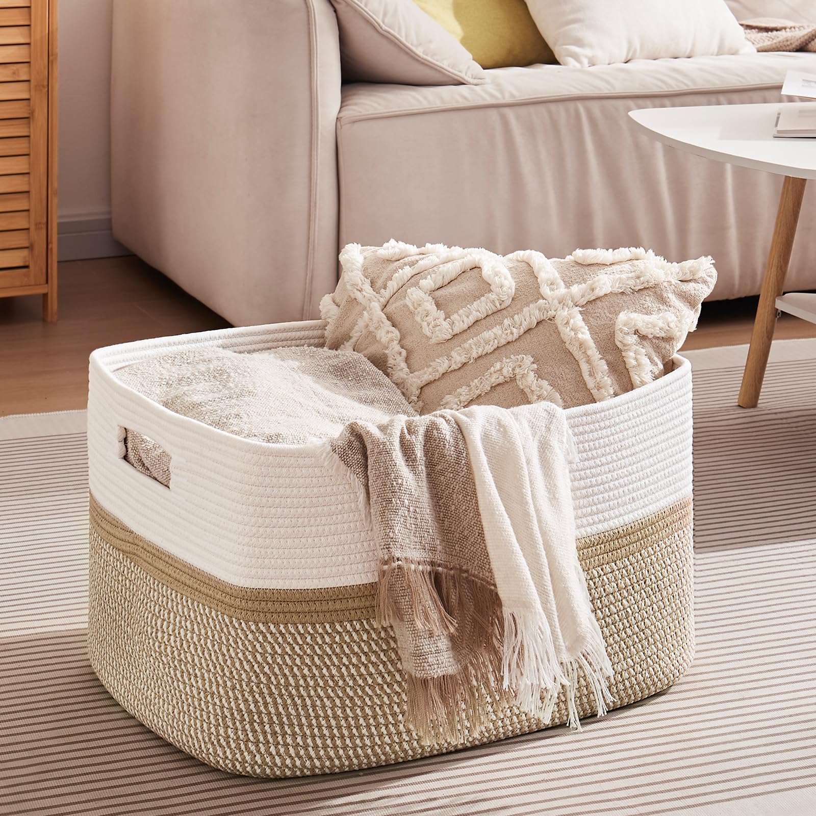 OIAHOMY 75L Laundry Basket, Extra Large Toy Storage Basket, Rectangle Cotton Rope Storage Basket, Blanket Basket Living Room, Woven Baskets for Storage, 22 x 17 x 12 Inches-Yellow/White