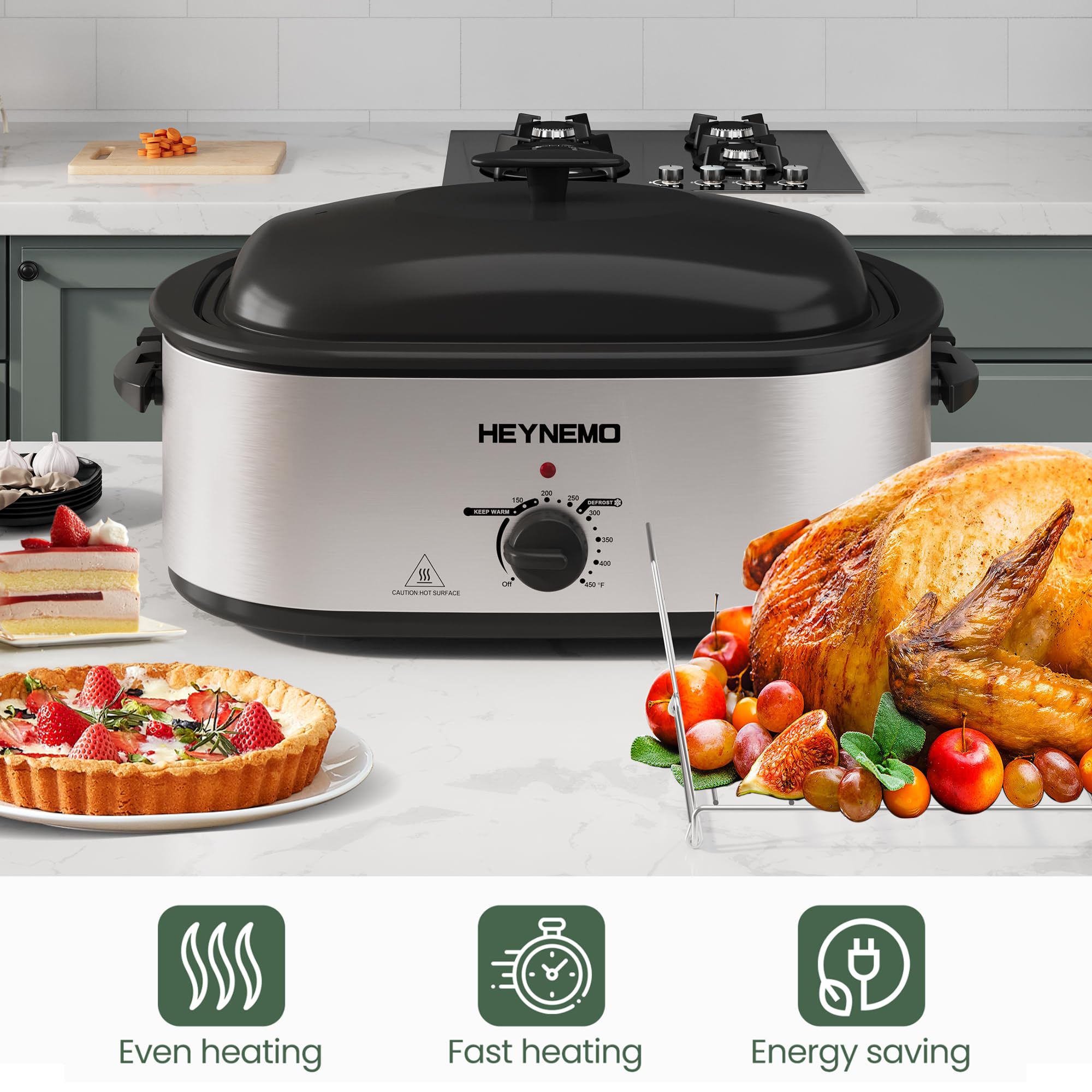 Roaster Oven 24QT, Electric Roaster Pan with 3 Compartments and Self-Basting Lid, Large Stainless Steel Electric Turkey Roaster Oven Defrost Warm Function, Removable Pan Rack, Fits Turkeys Up to 28LB