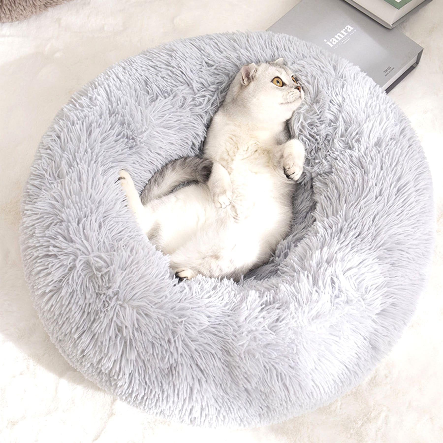 Lemuluxe Cat Beds for Indoor Cats, 15 inches Small Dog Bed Calming Plush Cat Bed Fluffy Round Dog Bed Donut Dog Bed Soft Puppy Pet Bed Cat Beds Kitten Beds for Indoor Kittens (Grey)