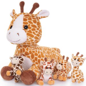 tezituor 5pcs giraffe stuffed animal set, 22in mommy stuffed giraffe with 4 cute baby giraffe toys for girl boy kid, soft large giraffe pillow, plush giraffe gift for birthday christmas party decor