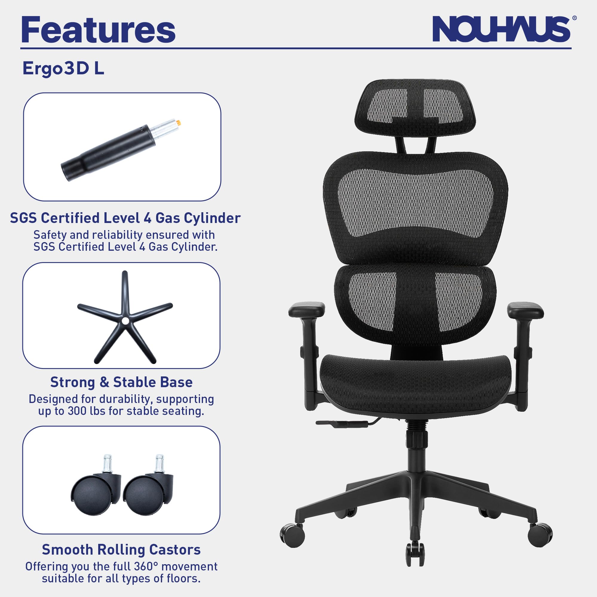 Nouhaus Ergo3dL Home Office Desk Chairs Ergonomic Office Chair High-Back Mesh Rolling Work Chairs with Wheels and Adjustable Headrests Comfortable Lumbar Support Adjustable Armrests