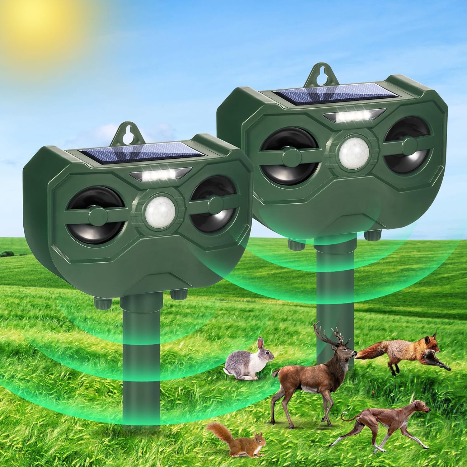 2 Pack Ultrasonic Solar Animal Repellent Outdoor Deer Repellent Waterproof Animal Deterrent Adjustable Frequency Flashing Lights, Animal Repeller Keep Cat Fox Squirrel Skunk Raccoon Out of Yard