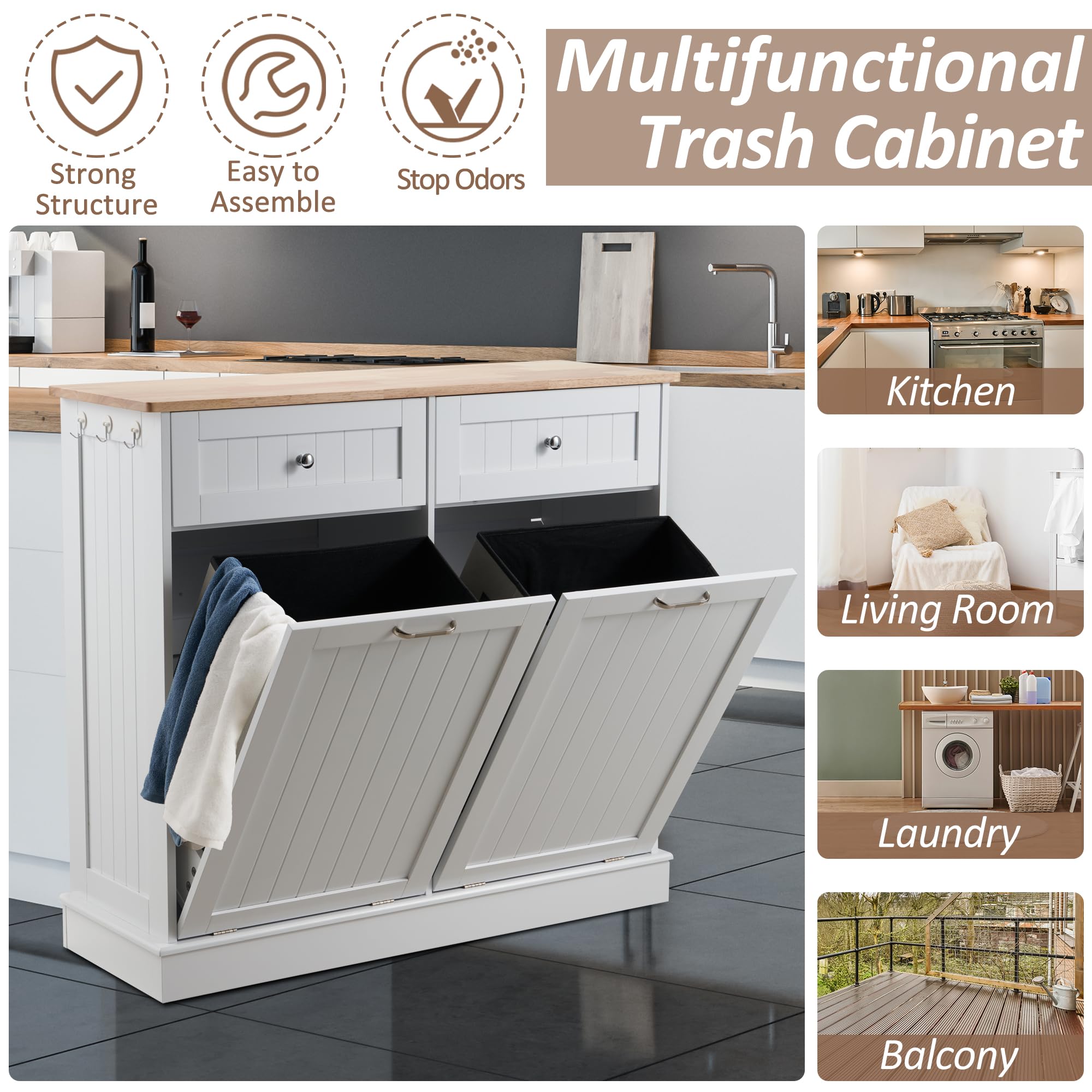 OUTGUAVA Double Tilt Out Trash Cabinet Free Standing Recycling Trash Cabinet with Hideaway Drawers, 2x13 Gallons Pet Proof Trash Can Cabinet for Kitchen Living Room (White)