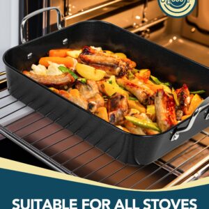 MICHELANGELO Carbon Steel Roasting Pan with Rack, Turkey Roasting Pan 15 Inch x 11 Inch, Nonstick Turkey Roaster Pan with Stainless Steel Rack, Induction Compatible