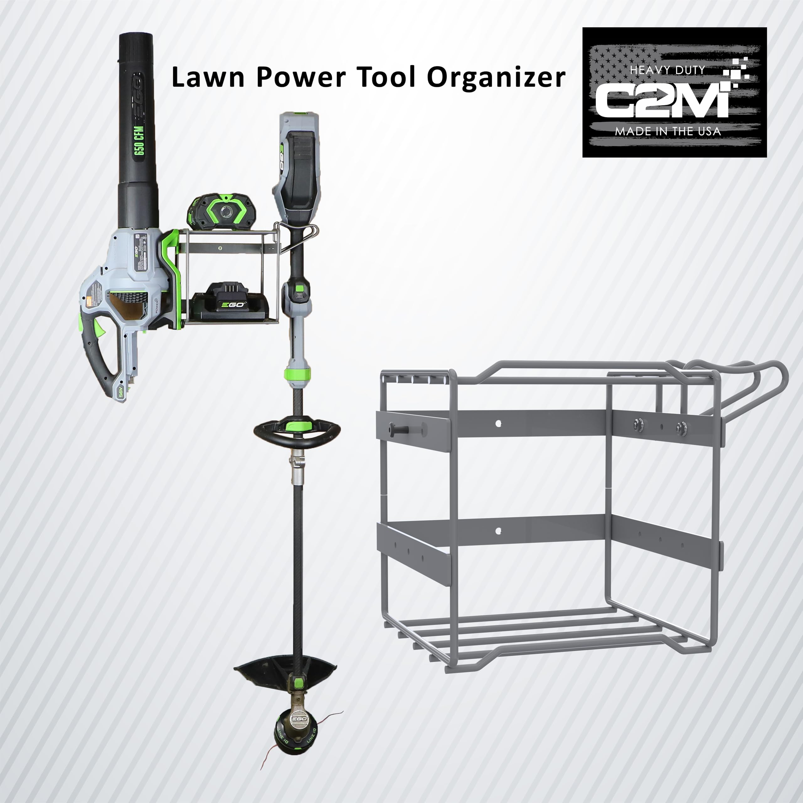 C2M Lawn Power Tool Organizer Wall Mount Rack Hanger for Leaf Blower and Weed Eater - Grey