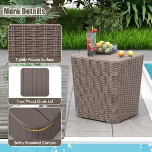 Tangkula 11.5 Gallon Water-proof Deck Box, Outdoo Patio Storage Box w/Removable Lid &, Faux Rattan Storage Container Side Table, All Weather Patio Furniture Extra Seat for Poolside (Brown)