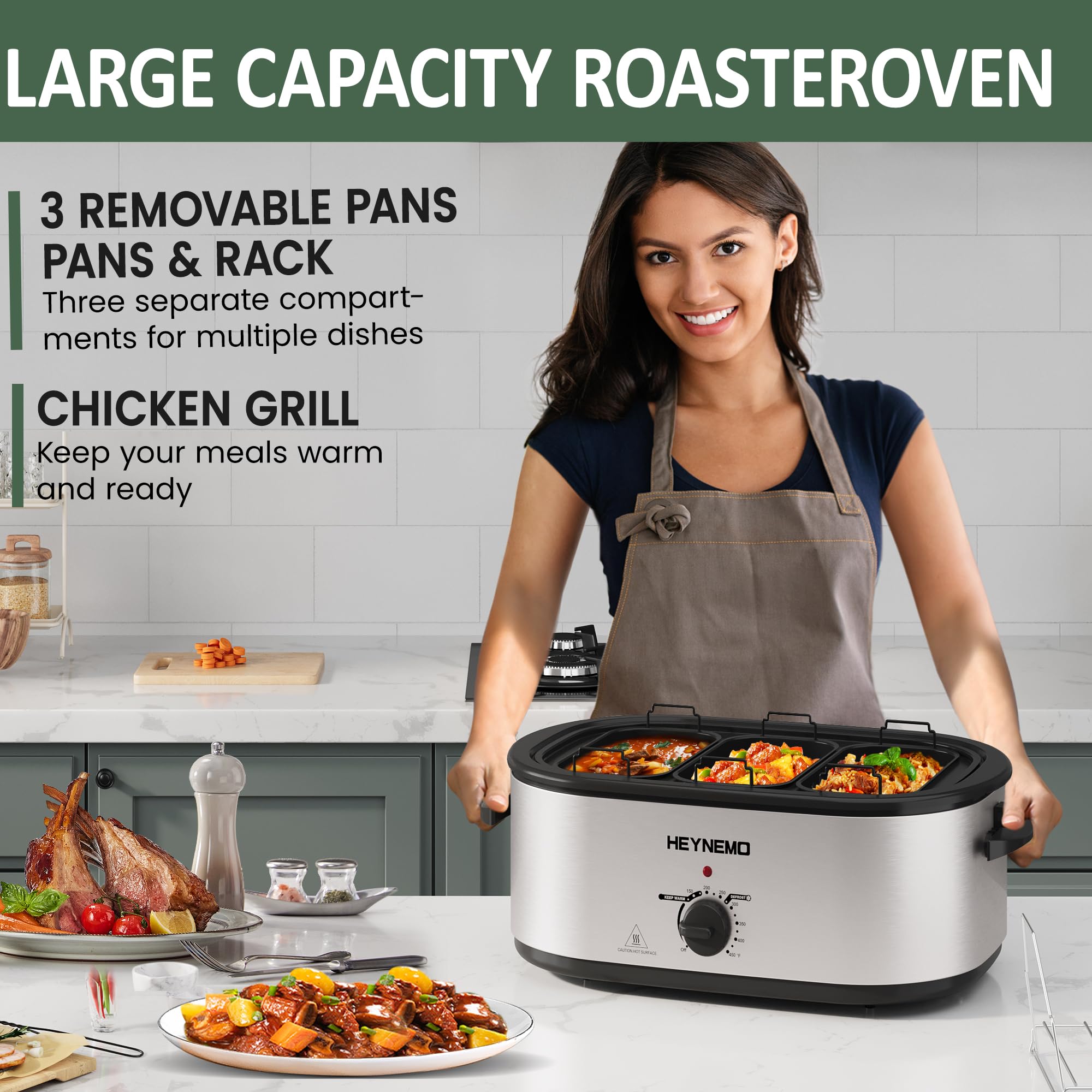 Roaster Oven 24QT, Electric Roaster Pan with 3 Compartments and Self-Basting Lid, Large Stainless Steel Electric Turkey Roaster Oven Defrost Warm Function, Removable Pan Rack, Fits Turkeys Up to 28LB