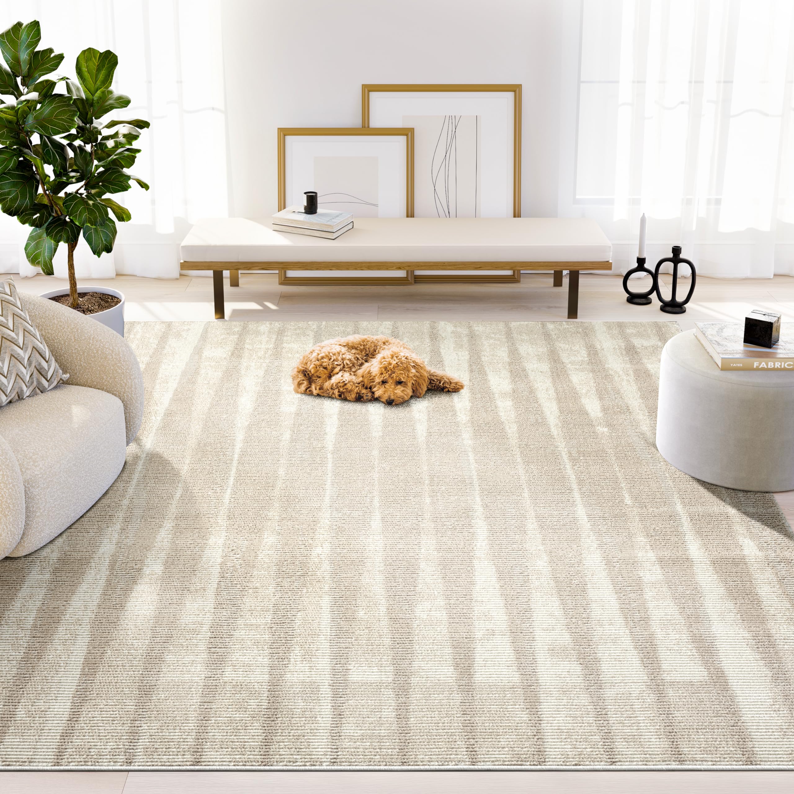 Abani Terra Cream 6' x 9' Area Rug for Living Room, Bedroom - Vertical Lines Pattern - Durable & Easy to Clean