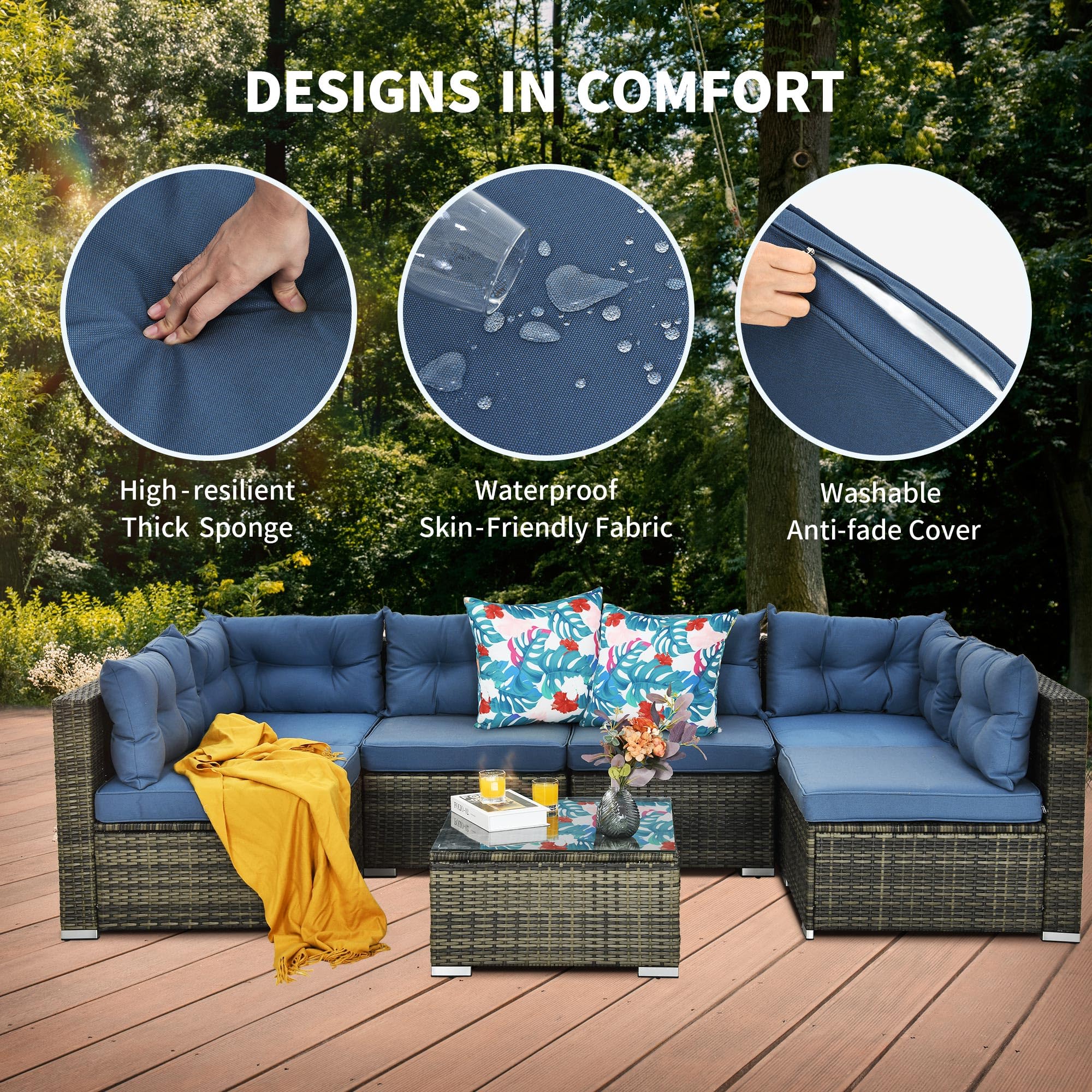 DWVO 7 Pieces Patio Furniture Set, All-Weather PE Rattan Outdoor Conversation Set, Wicker Outside Sectional Sofa Couch with Table and Cushions, for Pool Backyard Deck Garden (Navy)