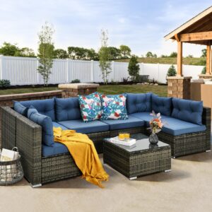 DWVO 7 Pieces Patio Furniture Set, All-Weather PE Rattan Outdoor Conversation Set, Wicker Outside Sectional Sofa Couch with Table and Cushions, for Pool Backyard Deck Garden (Navy)