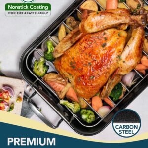 MICHELANGELO Carbon Steel Roasting Pan with Rack, Turkey Roasting Pan 15 Inch x 11 Inch, Nonstick Turkey Roaster Pan with Stainless Steel Rack, Induction Compatible