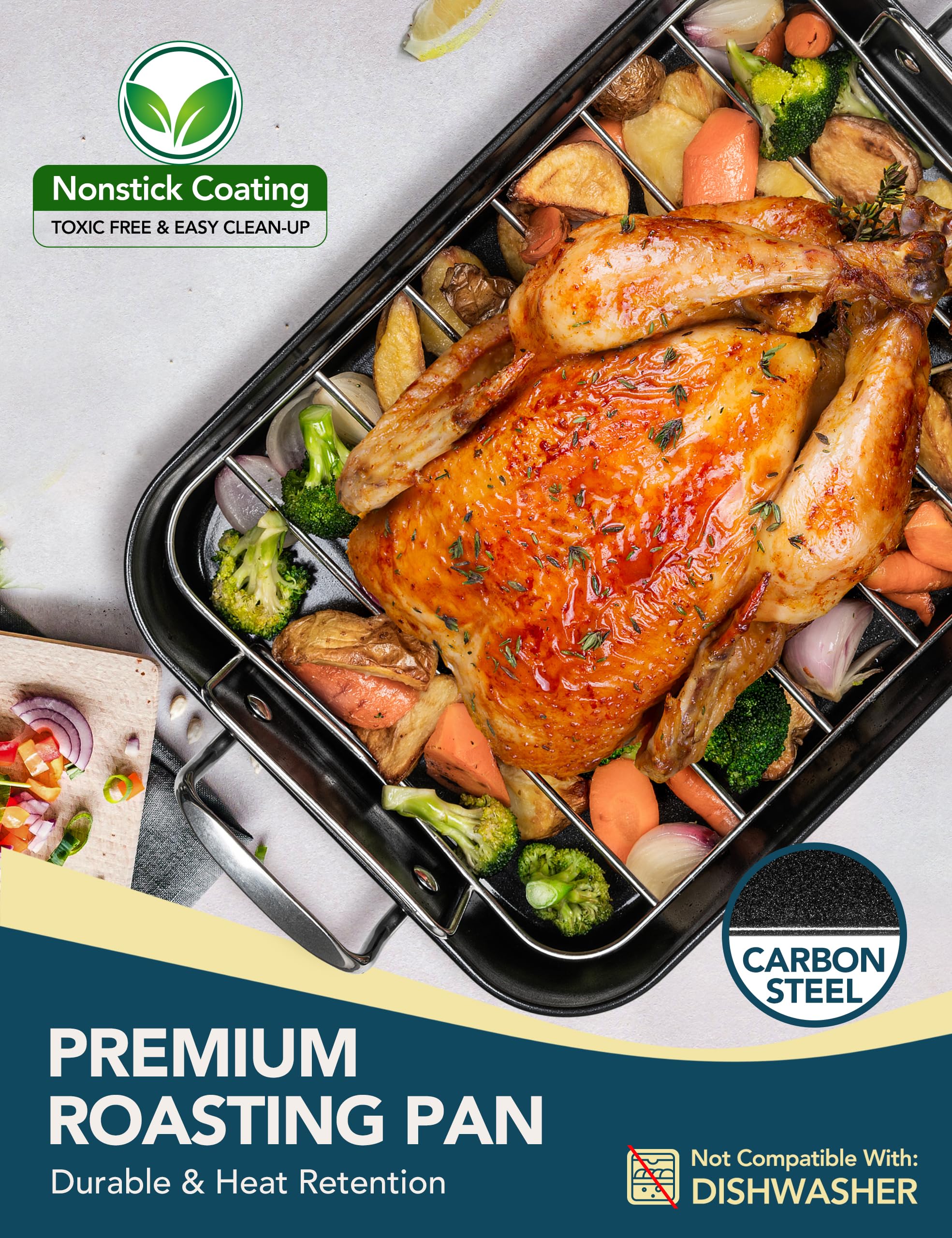 MICHELANGELO Carbon Steel Roasting Pan with Rack, Turkey Roasting Pan 15 Inch x 11 Inch, Nonstick Turkey Roaster Pan with Stainless Steel Rack, Induction Compatible