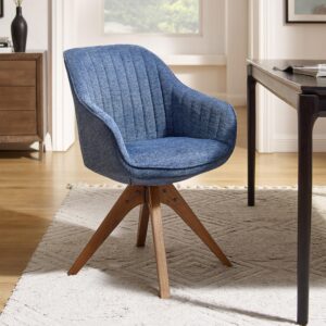 art leon desk chair - mid century modern office chair no wheels, swivel accent chair with oak wood legs, fabric upholstered arm chair, blue