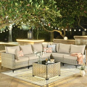 ovios 7 piece outdoor patio furniture with glowing coffee table, rattan wicker coversation set with sofa, sectional single chairs for outside porch balcony backyard pool,beige