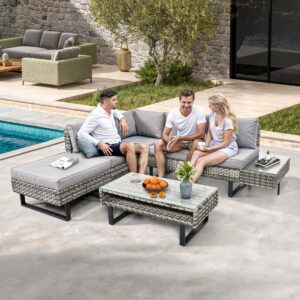 DWVO Patio Furniture Set, Sectional L-Shaped Sofa, for Patio Backyard Poolside Porch, Wicker Conversation Set with Coffee Table & Cushions, Detachable Lounger, All-Weather Rattan, Grey