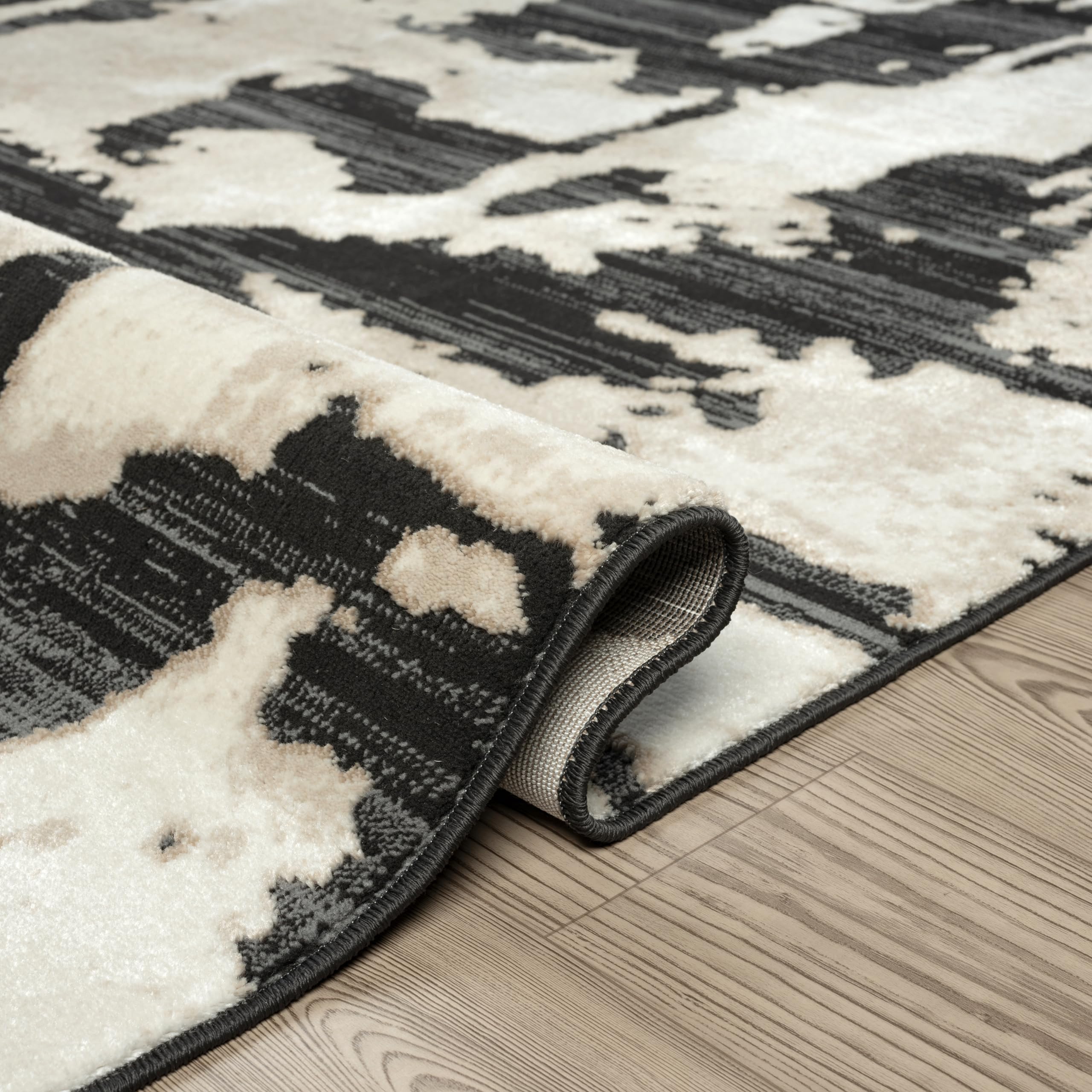 Abani Terra Cream Area Rug for Living Room, Bedroom - Black Abstract Pattern - 8' x 10' - Durable & Easy to Clean