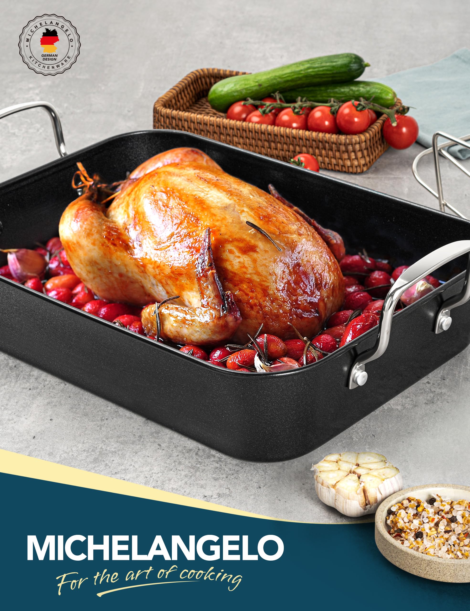 MICHELANGELO Carbon Steel Roasting Pan with Rack, Turkey Roasting Pan 15 Inch x 11 Inch, Nonstick Turkey Roaster Pan with Stainless Steel Rack, Induction Compatible