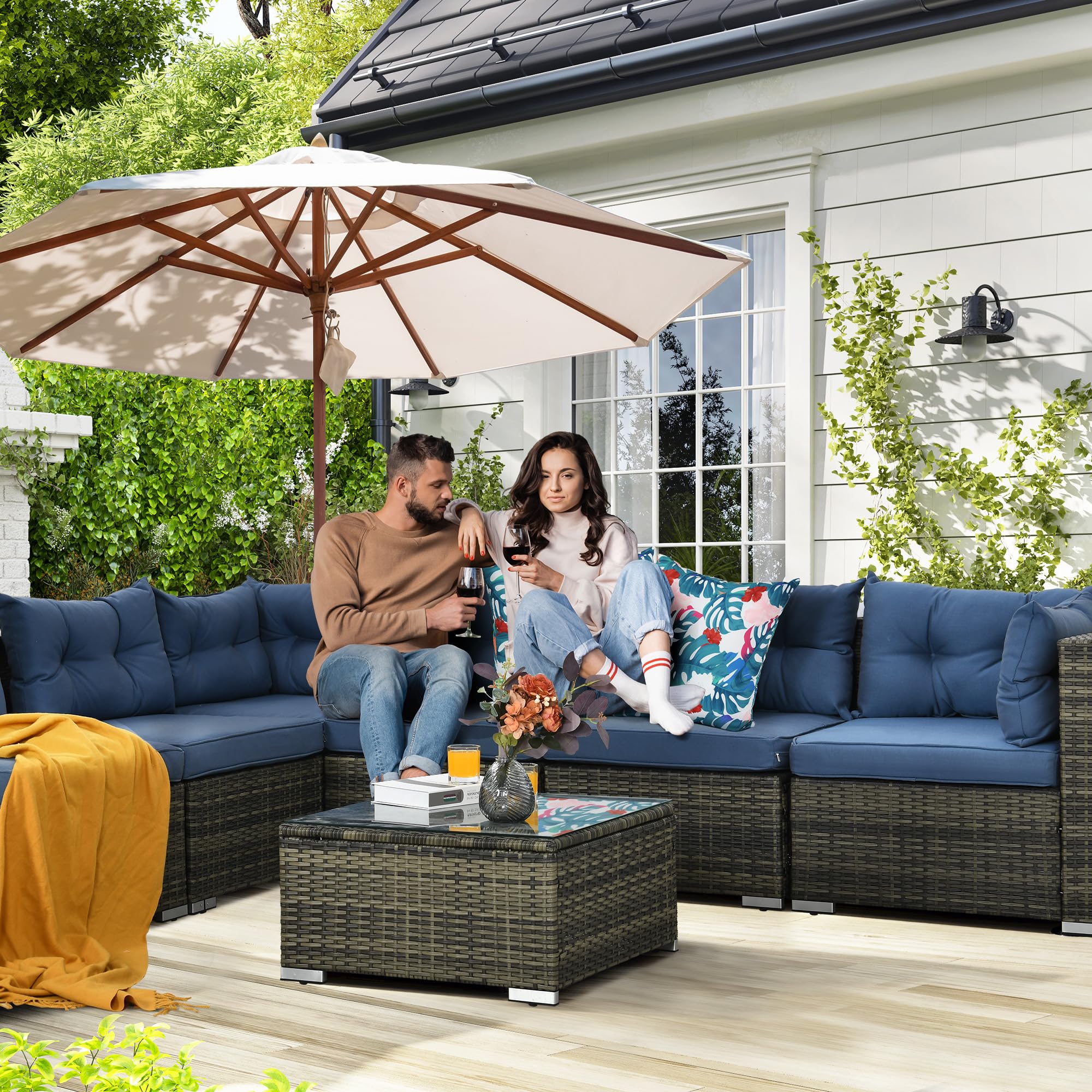 DWVO 7 Pieces Patio Furniture Set, All-Weather PE Rattan Outdoor Conversation Set, Wicker Outside Sectional Sofa Couch with Table and Cushions, for Pool Backyard Deck Garden (Navy)