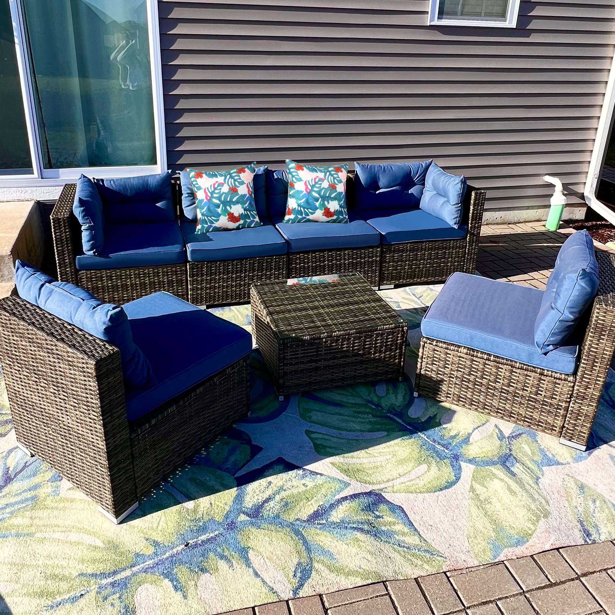 DWVO 7 Pieces Patio Furniture Set, All-Weather PE Rattan Outdoor Conversation Set, Wicker Outside Sectional Sofa Couch with Table and Cushions, for Pool Backyard Deck Garden (Navy)