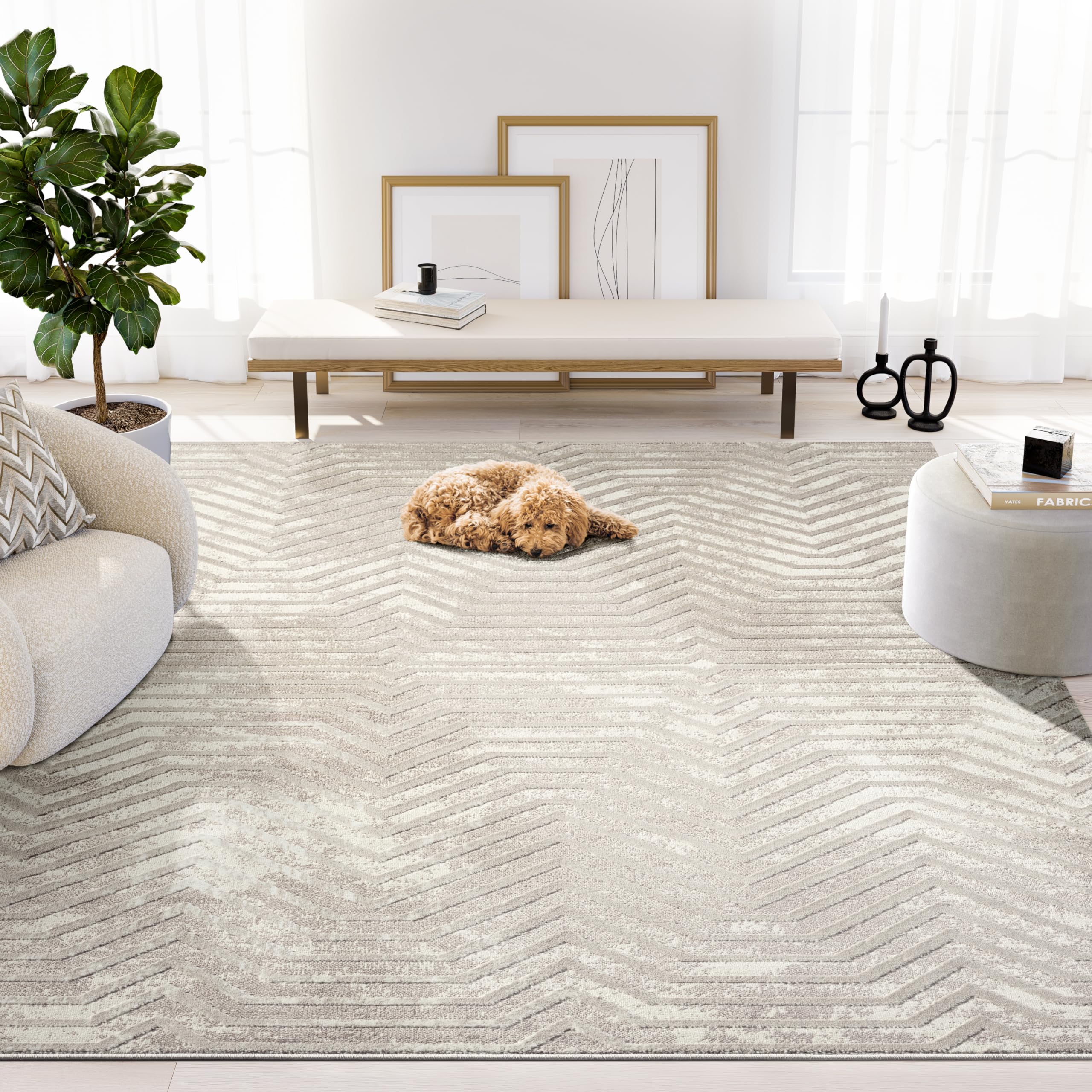 Abani Terra Cream 5' x 8' Area Rug for Living Room, Bedroom - Geometric Lines Pattern - Durable & Easy to Clean