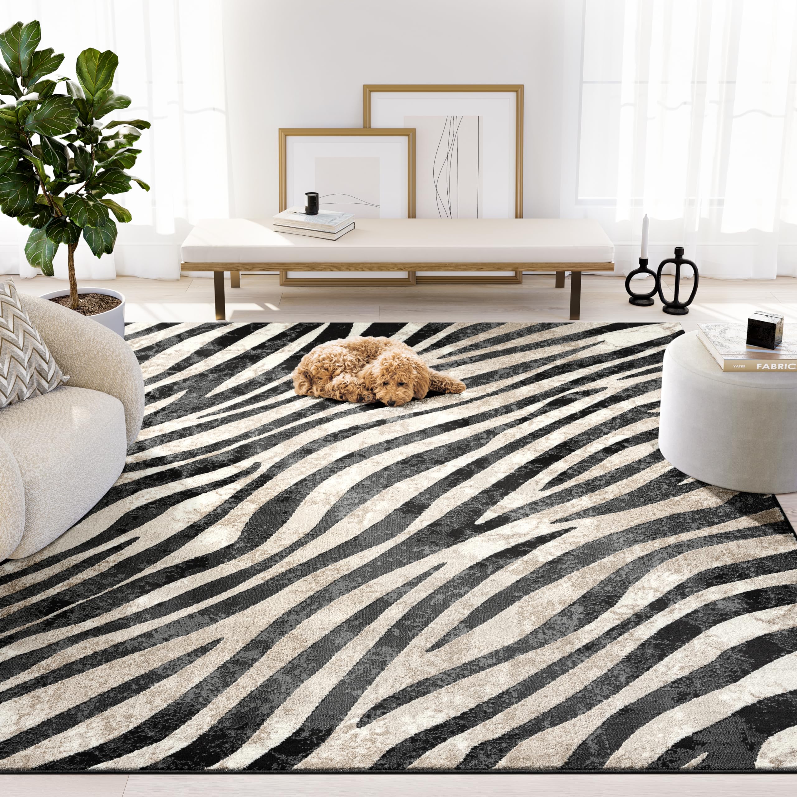 Abani Terra Area Rug for Living Room, Bedroom - Zebra Pattern - Black Cream - 8' x 10' - Durable & Easy to Clean