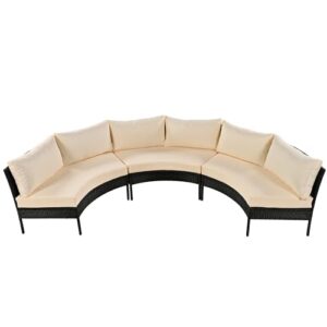 EOVTK 3-Piece Outdoor Furniture Patio Half-Moon Rattan Conversation Set, All Weather Curved Sectional Sofa with Thick Soft Cushions, Beige