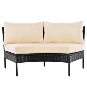 EOVTK 3-Piece Outdoor Furniture Patio Half-Moon Rattan Conversation Set, All Weather Curved Sectional Sofa with Thick Soft Cushions, Beige