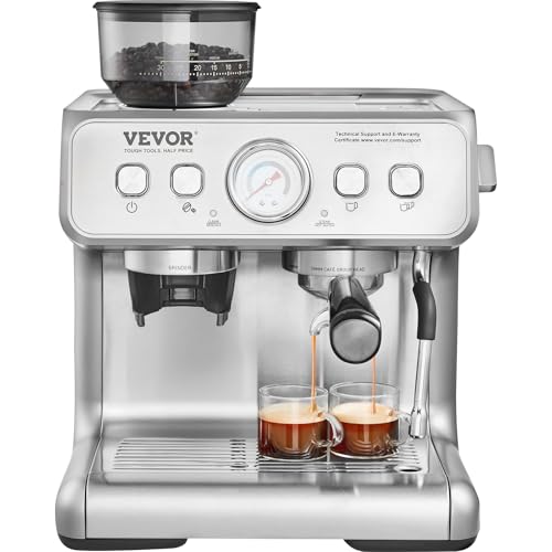 VEVOR Espresso Machine with Grinder, 15 Bar Semi-Automatic Espresso Coffee Maker with Milk Frother Steam Wand, Removable Water Tank & Pressure Gauge for Cappuccino, Latte, Machiato, PID Control System