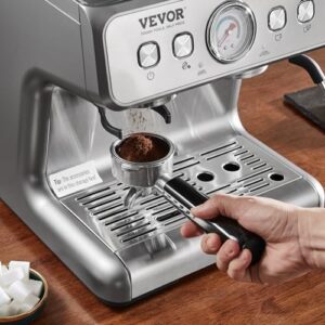 VEVOR Espresso Machine with Grinder, 15 Bar Semi-Automatic Espresso Coffee Maker with Milk Frother Steam Wand, Removable Water Tank & Pressure Gauge for Cappuccino, Latte, Machiato, PID Control System