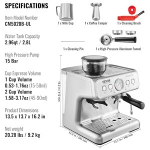 VEVOR Espresso Machine with Grinder, 15 Bar Semi-Automatic Espresso Coffee Maker with Milk Frother Steam Wand, Removable Water Tank & Pressure Gauge for Cappuccino, Latte, Machiato, PID Control System