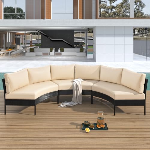 EOVTK 3-Piece Outdoor Furniture Patio Half-Moon Rattan Conversation Set, All Weather Curved Sectional Sofa with Thick Soft Cushions, Beige