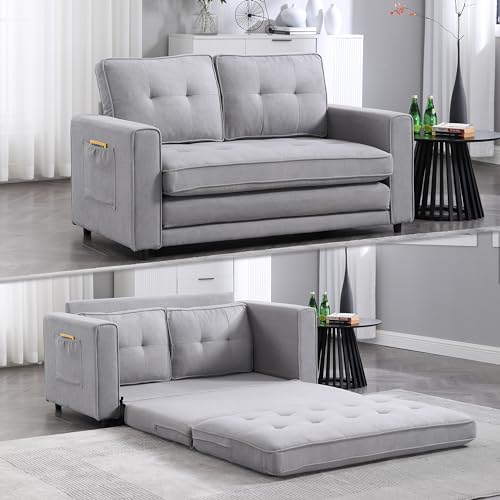 Eafurn Folding Pull Out Sofa Bed, 3 in 1 Convertible Sleeper Couch Floor Sofabed with Side Storage, Linen Upholstered Futon Loveseat Recliner for Living Room, Apartment, Small Space