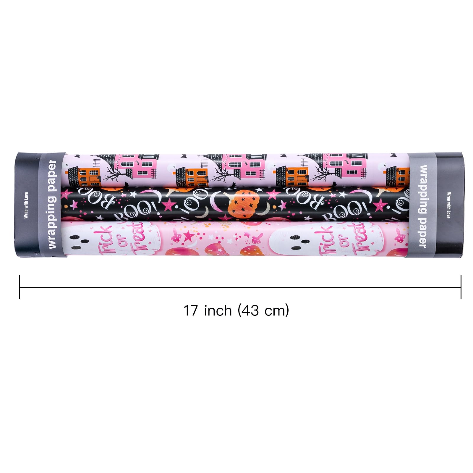 WRAPAHOLIC Halloween Wrapping Paper Roll - Mini Roll - 3 Rolls - 17 Inch x 120 Inch Per Roll - Dark Magic Castle, Ghost, Pumpkin Design for Halloween, Holiday, Party