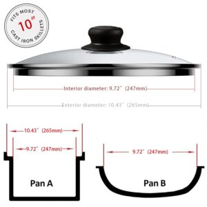 10 Inch Tempered Glass Lid for Frying Pan, 10" Glass Covers for Pots, Pans, Skillets and Cast Iron, Compatible with All 10" Diameter Cookware, Clear, 1 Set