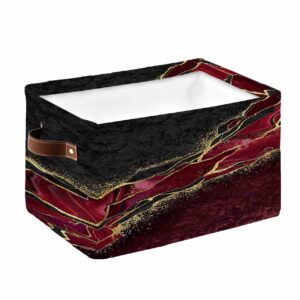 Abstract Storage Basket Red Large Foldable Storage Bins with Handles Marble Burgundy Black Malachite Gold Veins Waterproof Fabric Laundry Baskets for Organizing Shelves Closet Toy Gifts Bedroom Decor