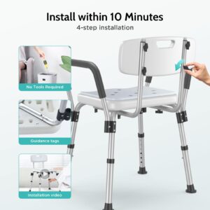 Kicimpro HSA/FSA Eligible Shower Chair for Elderly and Disabled, 385LB Heavy Duty Shower Chair for Inside Shower, 6 Adjustable Height for 5'1"-6'4" User, Shower Seat with EVA Pad, 10 mins installation