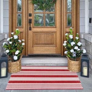 Striped Outdoor Rug for Porch 24"x51" Red and White Front Porch Rug Layered Doormat Cotton Woven Washable Throw Carpet for Hallway/Front Steps/Bathroom/Kitchen/Home Entrance