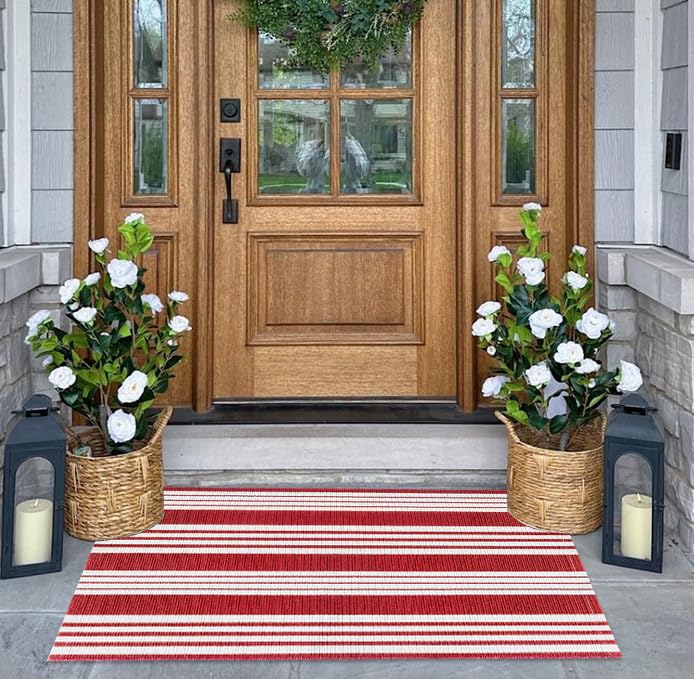 Striped Outdoor Rug for Porch 24"x51" Red and White Front Porch Rug Layered Doormat Cotton Woven Washable Throw Carpet for Hallway/Front Steps/Bathroom/Kitchen/Home Entrance