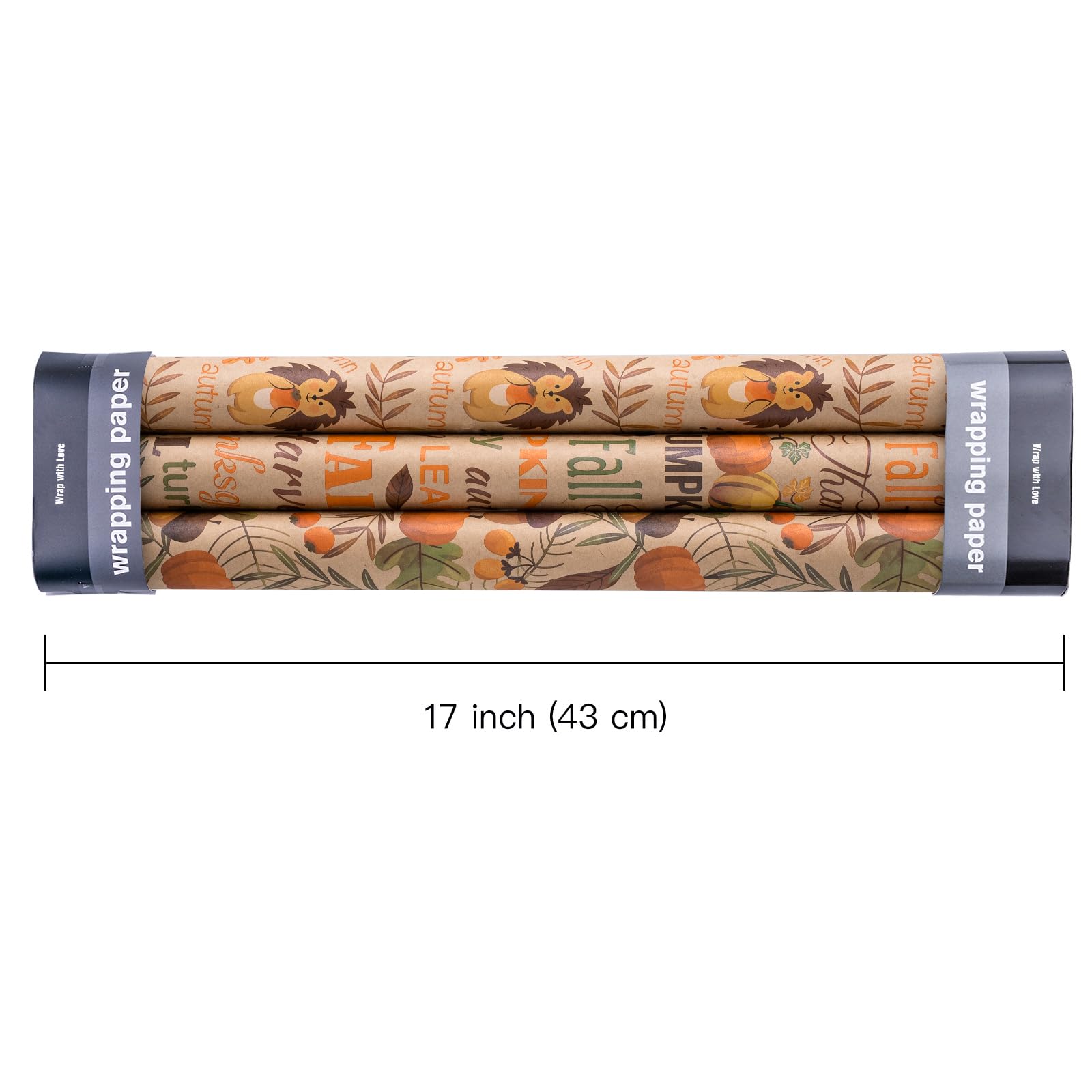 WRAPAHOLIC Kraft Fall Wrapping Paper - Mini Roll - 3 Rolls - 17 Inch x 120 Inch - Pumpkin, Hedgehog and Thanksgiving Lettering Design for Thanksgiving, Autumn, Party, Holiday