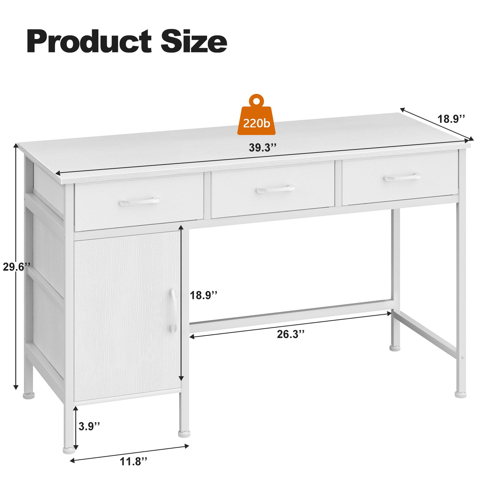 Korfile White Desk with Storage Cabinet and 3 Fabric Drawers, 39 Inch Home Office Desk for Writing Study Gaming, Small Computer Table with Storage Space, Modern Vanity Desk for Bedroom