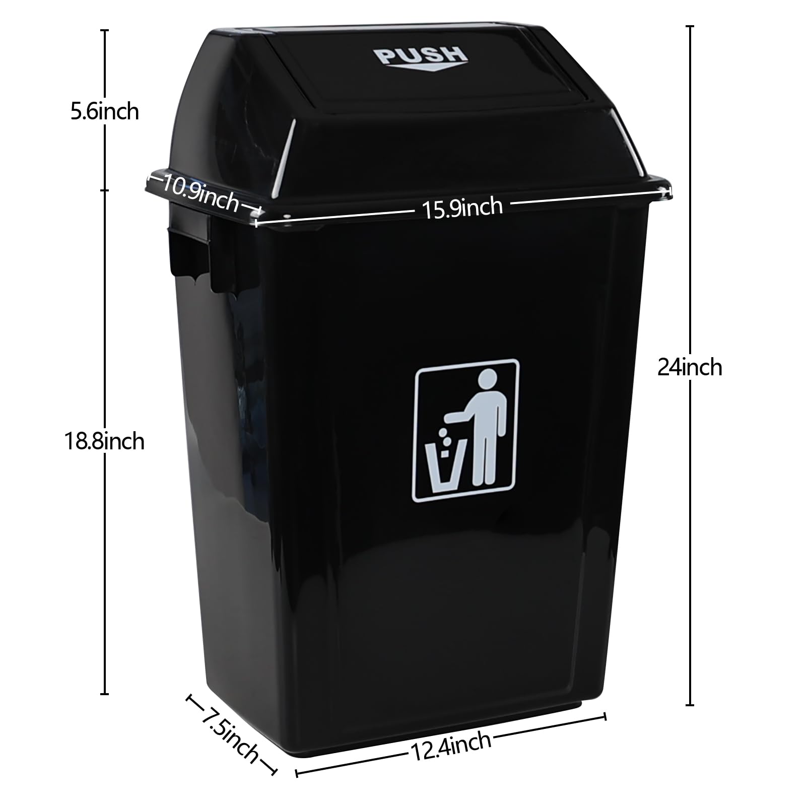 Yuright 13 Gallon Plastic Trash Bin with Swing Lid, Black Large Garbage Can, 4 Pack