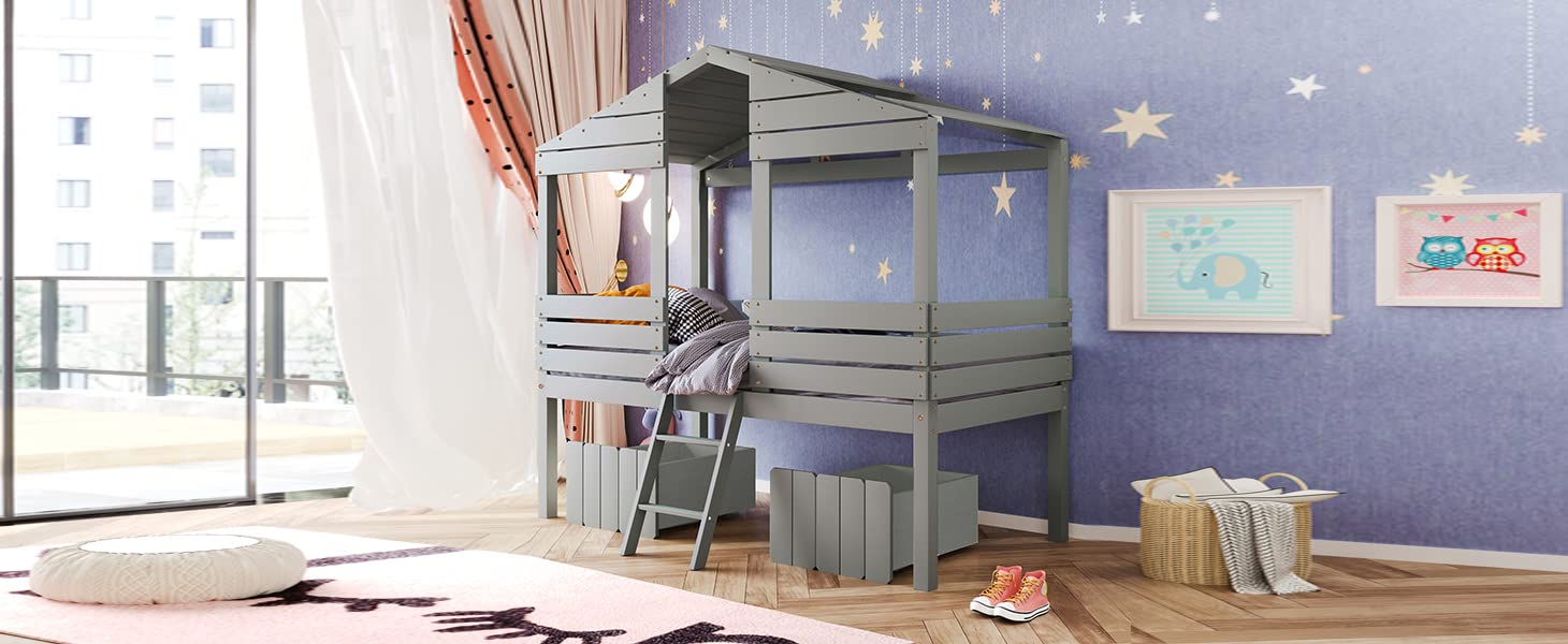 Bellemave House Twin Bed for Kids, Low Loft Bed with 2 Storage Drawers, Twin Size Low Loft House Bed with Roof and Windows, Playhouse Bed for Boys Girls, No Box Spring Needed (Gray)