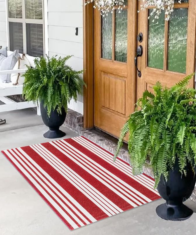 Striped Outdoor Rug for Porch 24"x51" Red and White Front Porch Rug Layered Doormat Cotton Woven Washable Throw Carpet for Hallway/Front Steps/Bathroom/Kitchen/Home Entrance