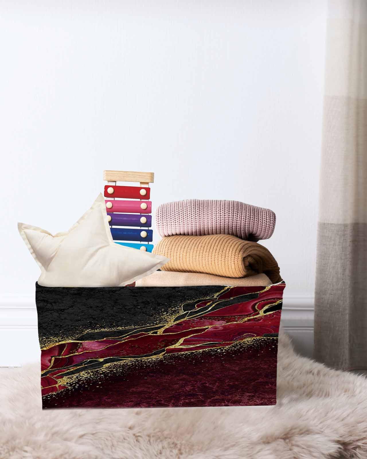 Abstract Storage Basket Red Large Foldable Storage Bins with Handles Marble Burgundy Black Malachite Gold Veins Waterproof Fabric Laundry Baskets for Organizing Shelves Closet Toy Gifts Bedroom Decor