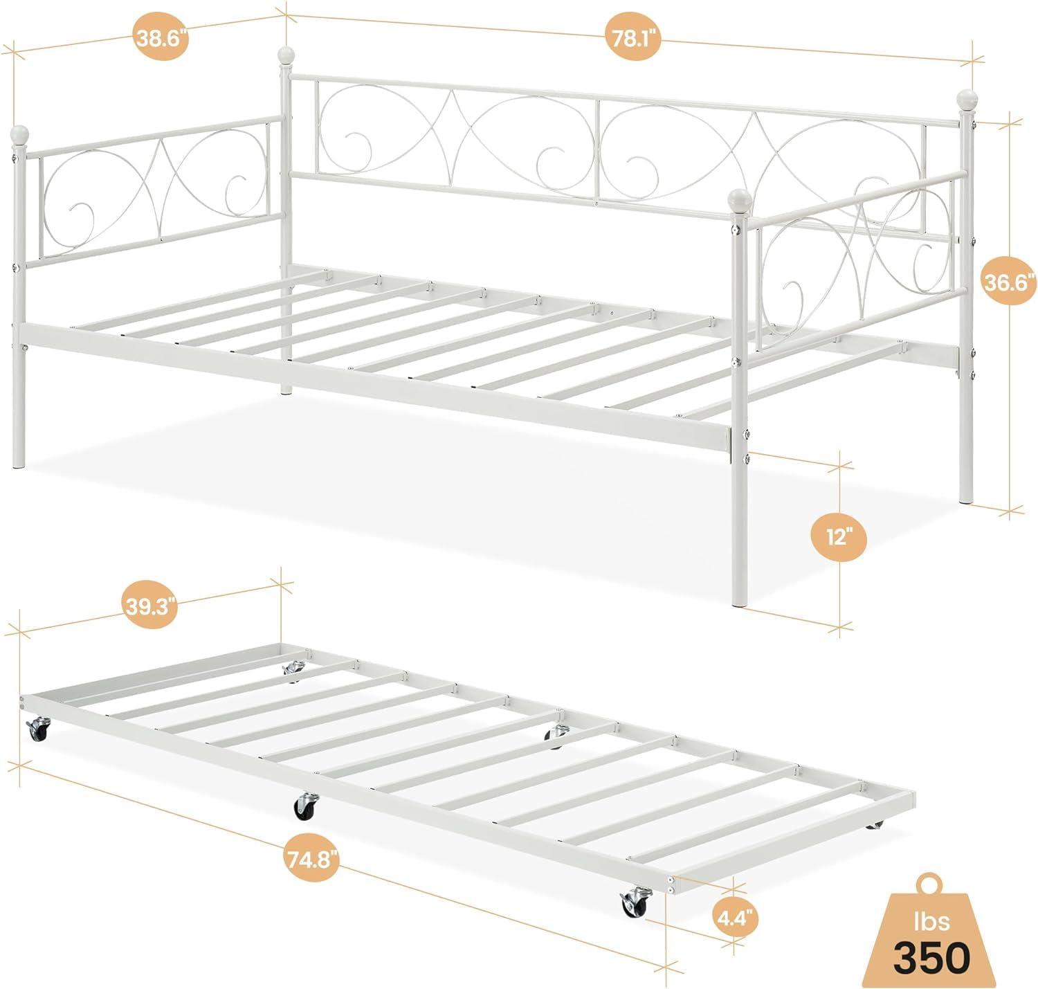 IDEALHOUSE Twin Daybed with Trundle, Metal Trundle Bed, Sofa Bed Frame, Heavy Duty Metal Slats, for Living Room, Bedroom, Guest Room, Space Saving, White