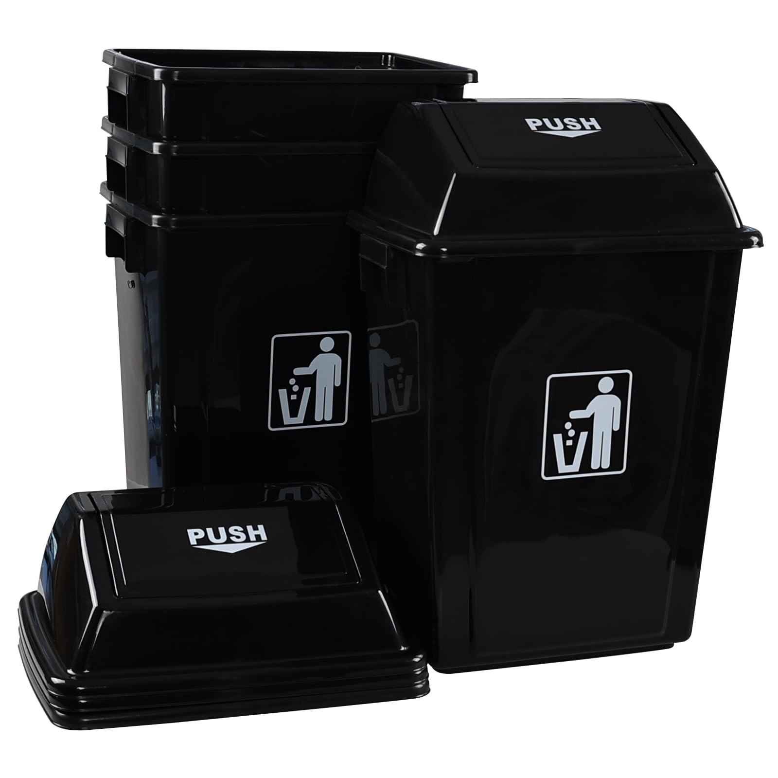 Yuright 13 Gallon Plastic Trash Bin with Swing Lid, Black Large Garbage Can, 4 Pack