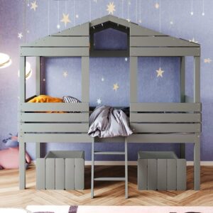 Bellemave House Twin Bed for Kids, Low Loft Bed with 2 Storage Drawers, Twin Size Low Loft House Bed with Roof and Windows, Playhouse Bed for Boys Girls, No Box Spring Needed (Gray)