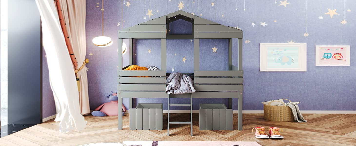 Bellemave House Twin Bed for Kids, Low Loft Bed with 2 Storage Drawers, Twin Size Low Loft House Bed with Roof and Windows, Playhouse Bed for Boys Girls, No Box Spring Needed (Gray)